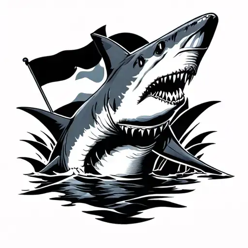 tribal shark outline filled with dive flag inside representing tattoo design idea