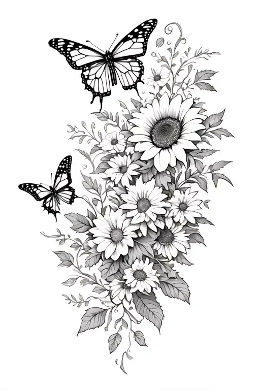 black and white half sleeve tattoo with monarch butterflies, roses, sunflowers, Lillie's, daisies, leaves, vines tattoo design idea