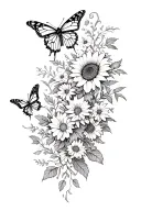 black and white half sleeve tattoo with monarch butterflies, roses, sunflowers, Lillie's, daisies, leaves, vines tattoo design idea