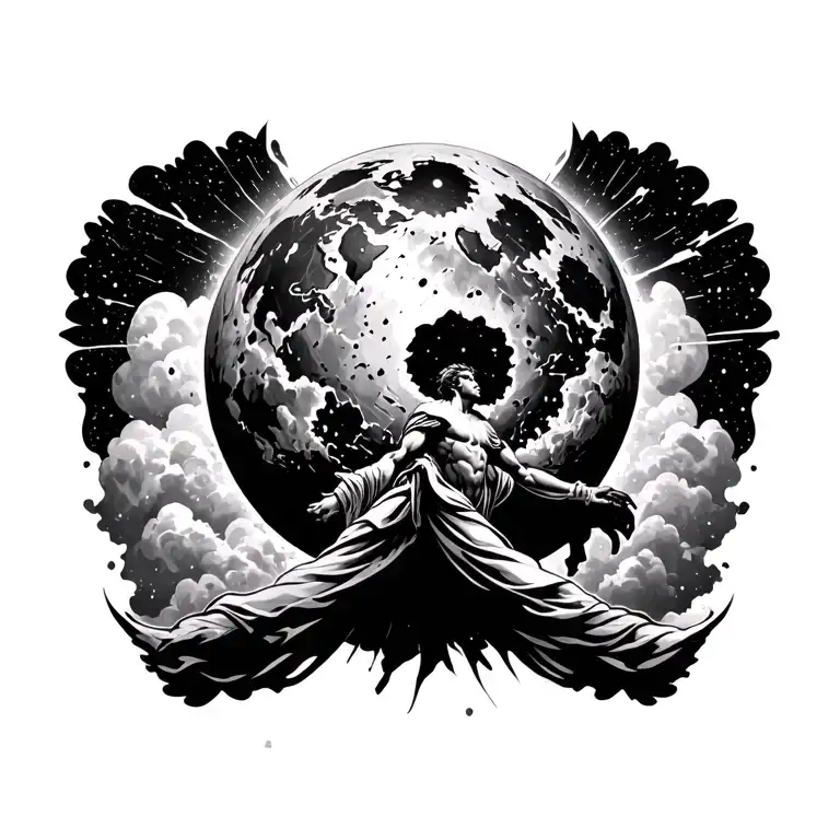 Atlas carrying a shattered moon-world as stardust rains down, with space clouds glowing in the background tattoo design idea