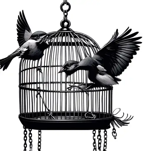 a bird cage , one bird is trying to fly out but stuck by a chain to it's leg, while one othe tattoo design idea