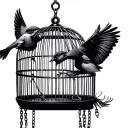 a bird cage , one bird is trying to fly out but stuck by a chain to it's leg, while one othe tattoo design idea