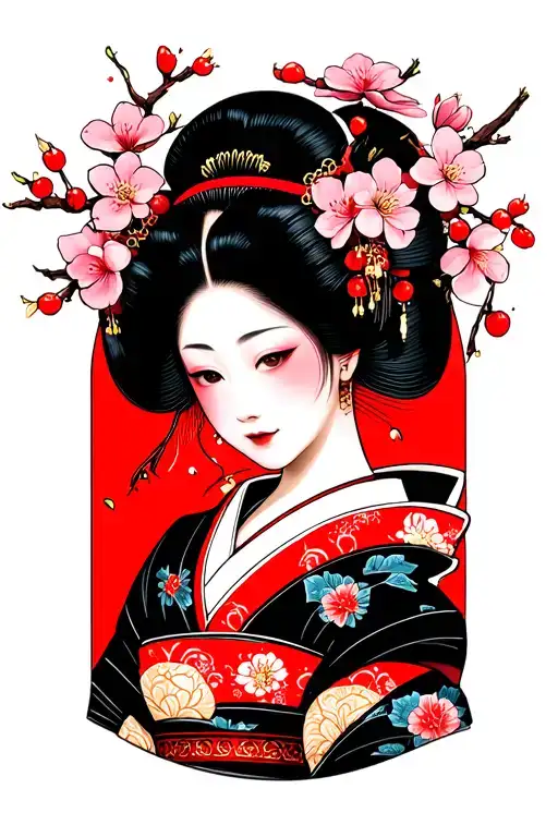 geisha girl with cherry blossoms  tattoo design idea