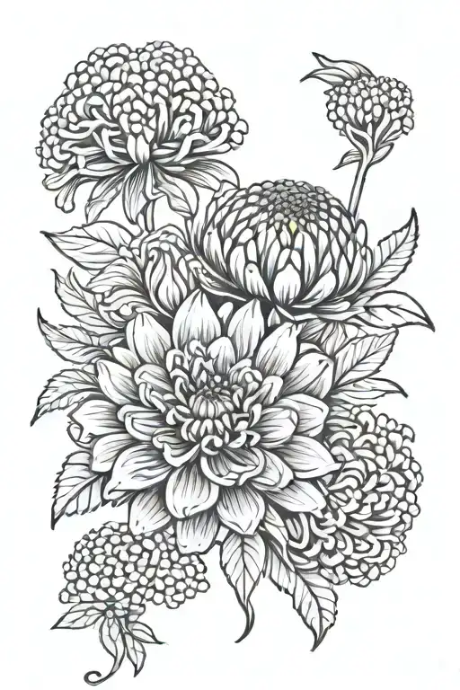 hawthorn, violet, chrysanthemum, marigold flower blooming tattoo design idea