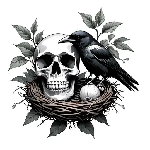 skull, crow, nest, and deadly nightshade plant tattoo design idea