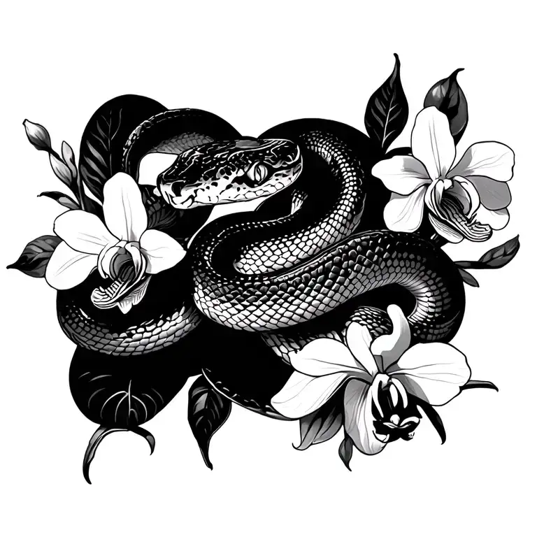 snake and orchid sleeve tattoo design idea