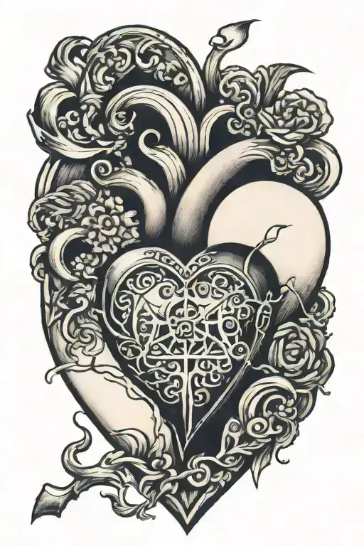 heart cracked down the middle surrounded by a translucent shield tattoo design idea