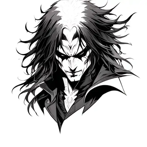 make a tattoo image that is inspired by Alucard from Hellsing anime, that has neotribal, goth, vampire style and it on l tattoo design idea