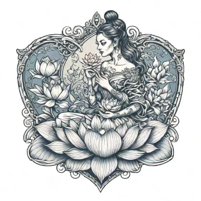 hyper realistic woman, sitting in a heart, holding a lotus flower, Colored, 3d tattoo design idea
