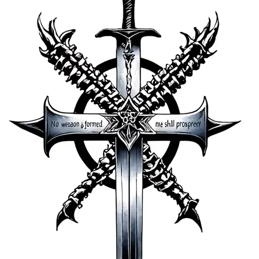make me a spine tattoo with the words no weapon formed against me shall prosper with a cross as a sword and minimalistic tattoo design idea