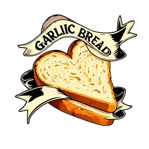 "GARLIC BREAD" 70s pin-up style heart shaped slice of garlic bread with ribbon over top of slice that reads GARLIC BREAD tattoo design idea