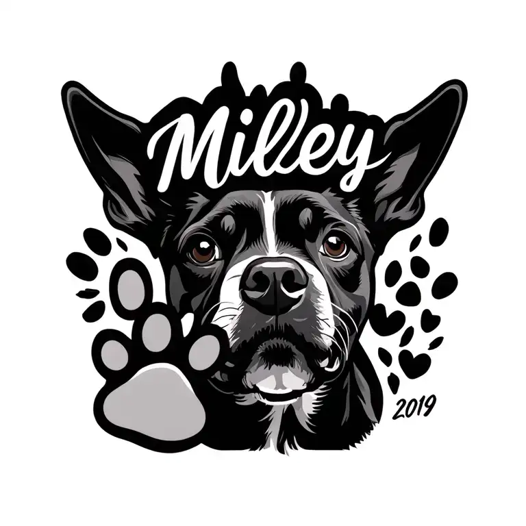 dogs name 'Miley' or 'Miley Moo' with a paw print or birth year 2019 tattoo design idea