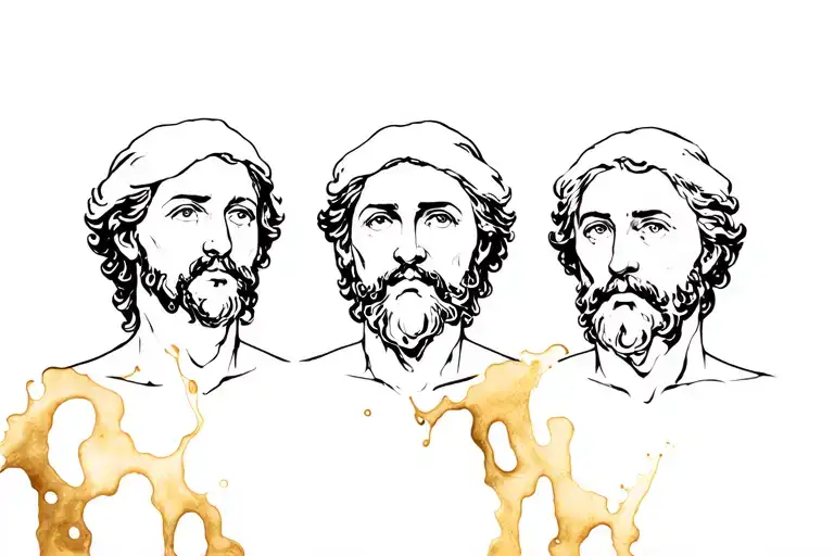 Stylized image: black silhouette antique ink on incomplete golden fluid background: three men of biblical times tattoo design idea