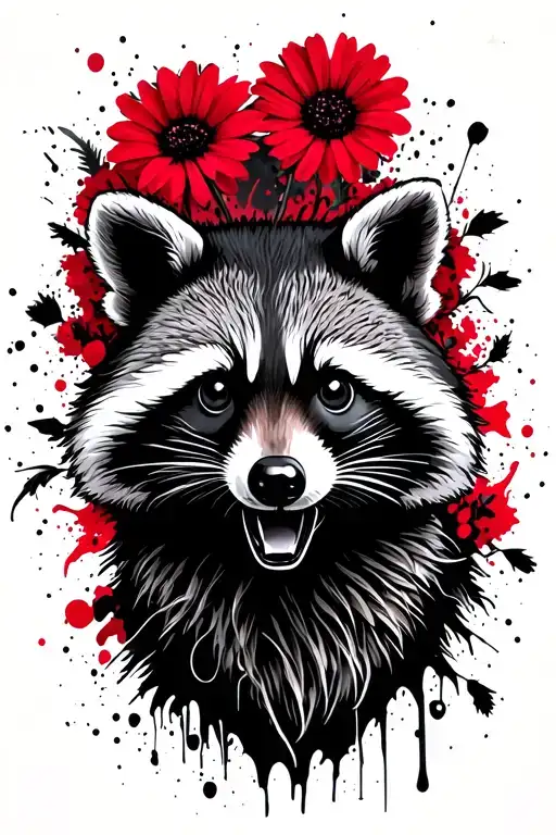 raccoon head, wildflowers in the background black and white tattoo design idea
