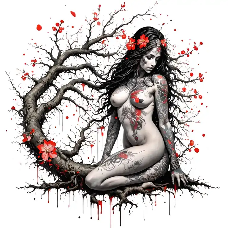 long tree vines with small flowers wrapped loosely around sensual woman warrior and legs turning to roots color elongate tattoo design idea