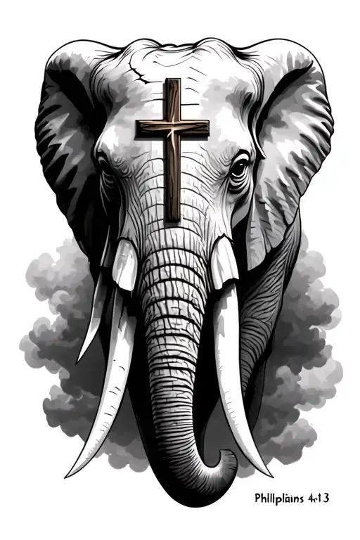 elephant head small tusk with scratches on it cloudfiller background wooden cross in the middle of head Philippians 4:13 tattoo design idea