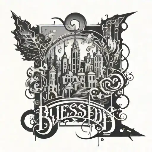 draw a gray city in the background where chaos is happening and in the middle the inscription blessed in black without additional lines tattoo design idea