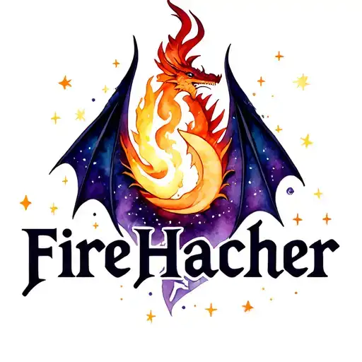Make a logo for word "FireHacher." Fire breathing space dragon, stars, moons, more purple space, more dragon element tattoo design idea