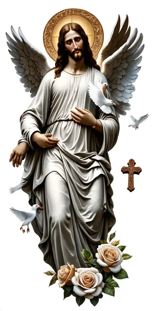 Jesus Mary Holy Spirit. doves roses angels cross clouds and other biblical elements added tattoo design idea