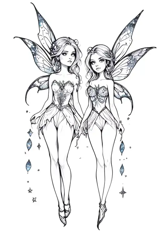 Black and white pair of fantasy style pixie/fairy filled with galaxy's and stars minaml shading  tattoo design idea