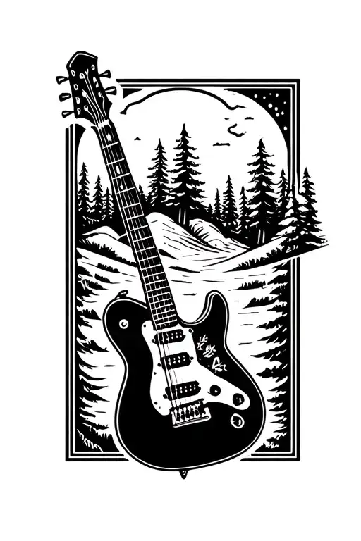 sleep token band logo, guitar, cooking, hiking trail winding tattoo design idea