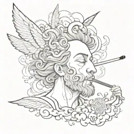 music notes, cannabis leaf, male angel with devil horns smoking a joint, cloud of smoke tattoo design idea