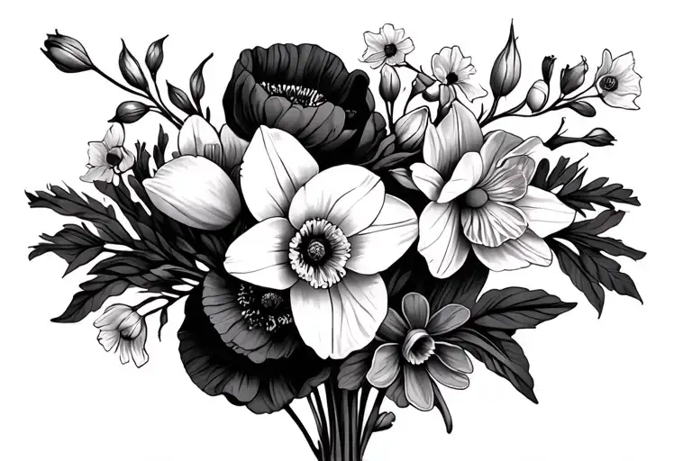 daffodil, gladilous, poppy bouquet wrapped loosely tattoo design idea