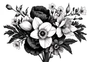daffodil, gladilous, poppy bouquet wrapped loosely tattoo design idea