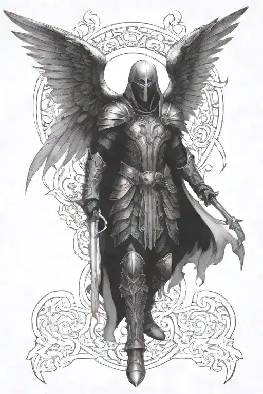 Create a detailed full-body tattoo design of Azrael, the angel of death. He is dressed in dark, intricate armor tattoo design idea