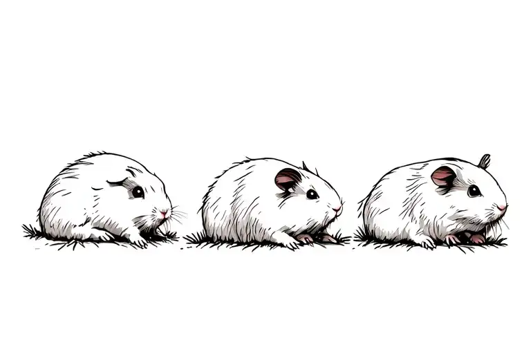 3 guinea pigs in a line, right one laying down chewin a grass, middle one on hind paws, and left one facing forward tattoo design idea