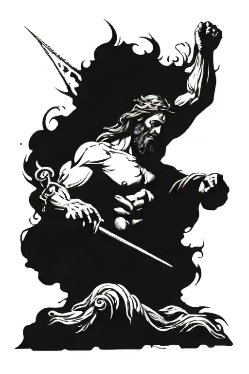 I want the whole thing to flow as one coming from the chest all the way down the arm, Jesus and Zeus on the pecs, angle  tattoo design idea