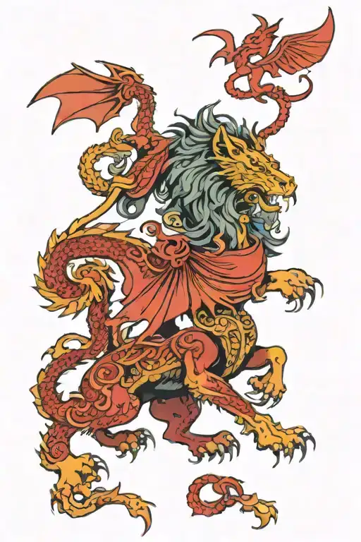 Welsh dragon fighting a lion wearing tattoo design idea