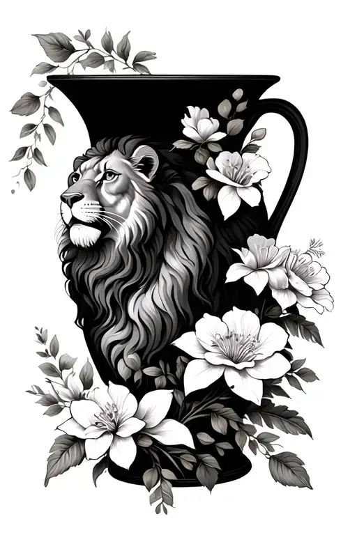 vase with a lion & honeysuckle on there tattoo design idea