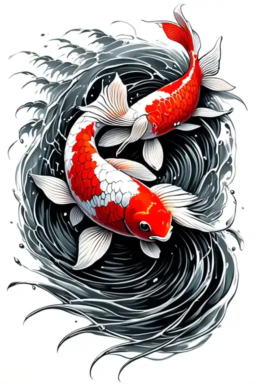 red and black greyscale koi fish swimming upstream tattoo design idea