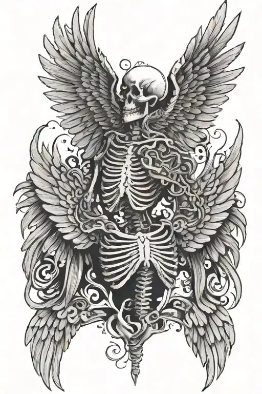  pair of black and white skeleton wings spread wide tattoo design idea