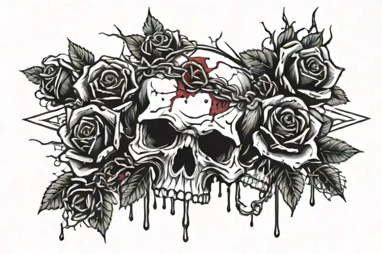 skull and roses with barbed wire and drops of blood dripping  tattoo design idea