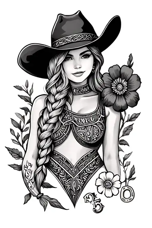 Leather tooled,Tooled flowers, cowgirl with braided hair, Idaho, Texas, horseshoe, paisley, cow tag #95, tattoo design idea