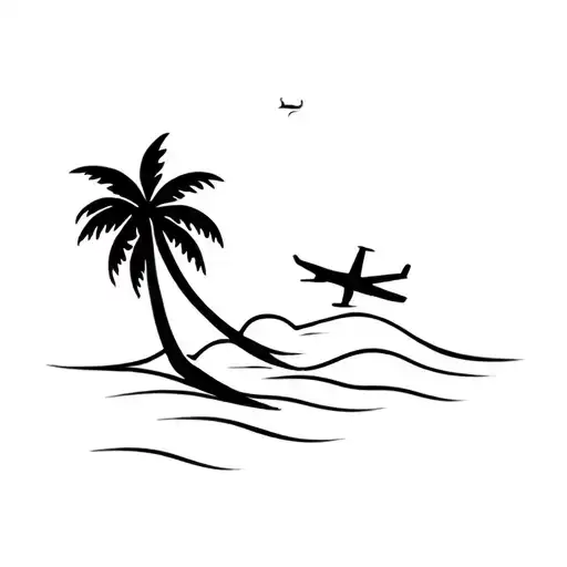 palm tree, wave and plane  tattoo design idea