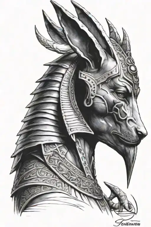 The forearm depicts Anubis, the Egyptian god of death, with a serious and focused look. Anubis is made in the traditional tattoo design idea