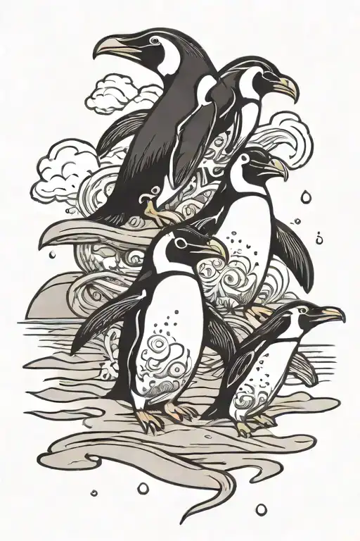 A beach scene with penguins dancing in the sand tattoo design idea