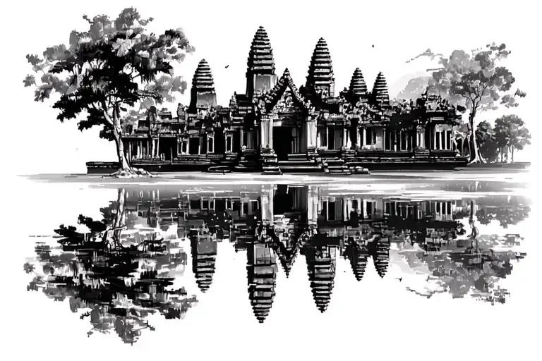 Front view of Angkor Wat, include a natural background tattoo design idea