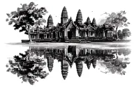 Front view of Angkor Wat, include a natural background tattoo design idea
