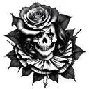 rose with a skull inside it, gothic clown woman tattoo design idea
