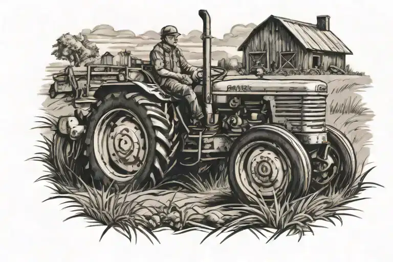 kibutz farm life with tractor plowing tattoo design idea