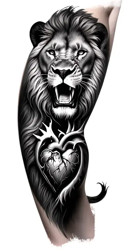 Realistic 3D tattoo design of a lion’s face replacing the heart, placed on the inner forearm. The lion should look menac tattoo design idea
