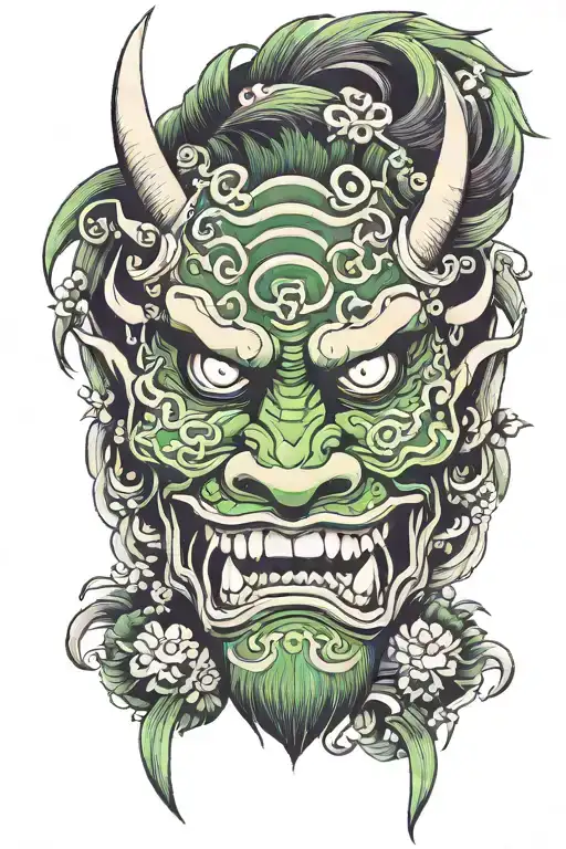 oni mask purpul and green eyes sternum tattoo design idea