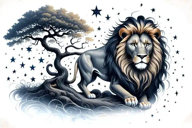 Bodhi Tree, Lion, Stars surround tattoo design idea