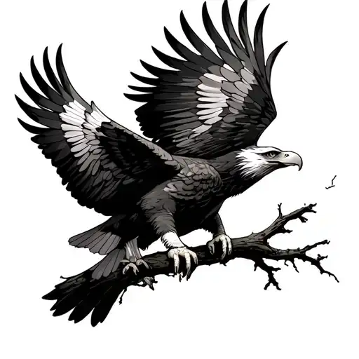An eagle with outstretched wings grasps a branch tattoo design idea
