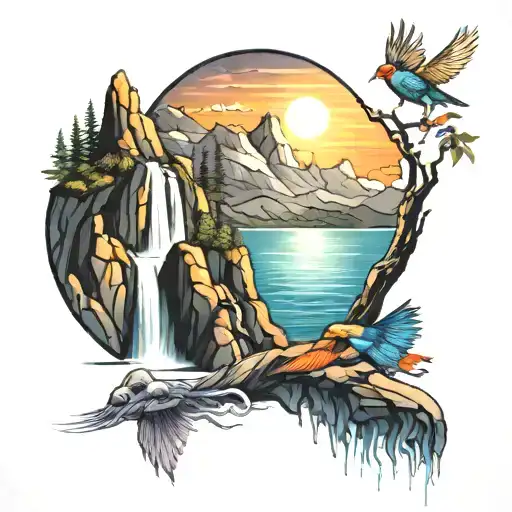 sun, mountains, bird, waterfall cascading into the sea tattoo design idea