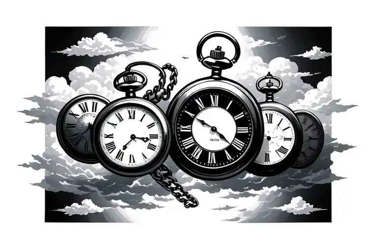 3 pocket watches surrounded with cloud background tattoo design idea